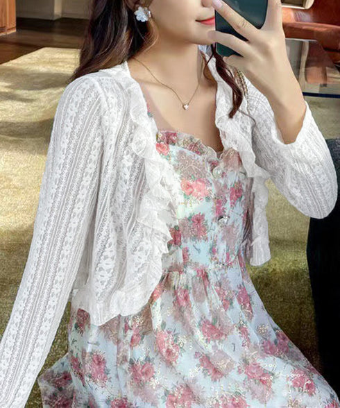 レースボレロカーディガン シアートップス レディース 花柄フリルカーディガン フェミニン 日焼け防止 冷房対策 フロントリボンサマーカーディガン ショート丈春夏服 84WANJIA-017